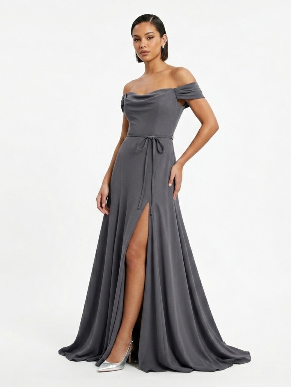 Marchesa Notte Bridesmaid Off Shoulder Tie Waist Crepe Gown Grey 10